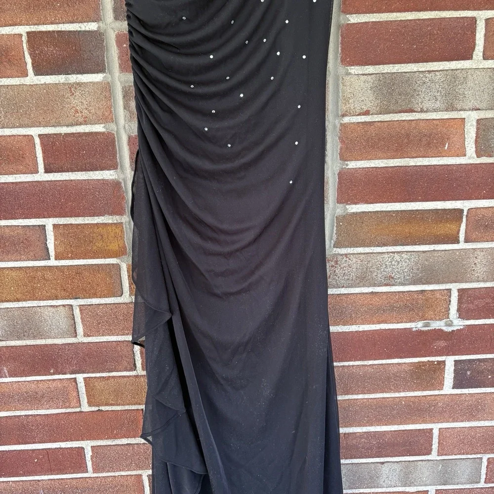 Vtg Y2k City Triangles Black One Shoulder Ruched Bling Gem MIDI Dress Sz S a2381